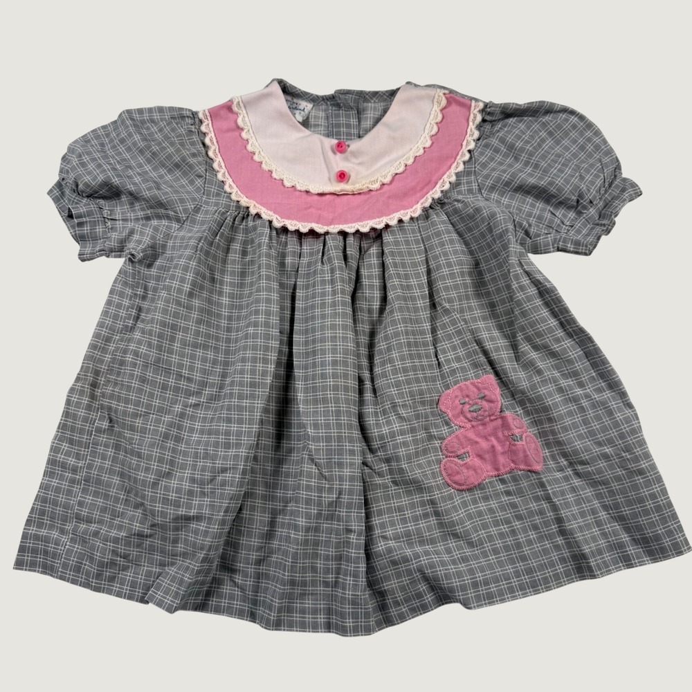 Vintage Wonderland Girls Grey Grid Teddy Bear Lace Collar Dress Size 5 USA Made